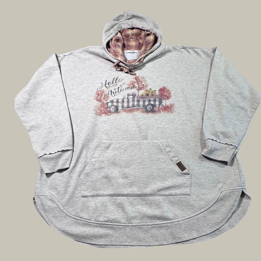 Maurices Womens Hello Autumn Plaid Truck Hoodie Gray Fleece Sweatshirt 1X